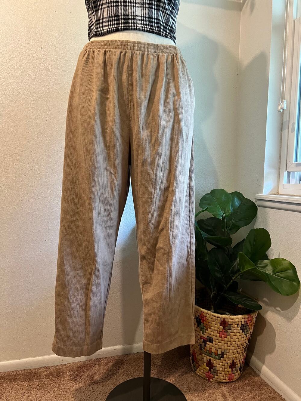 Baggy Tan Textured Cotton Blend Elastic Waist Summer Cropped Pants Size XXL